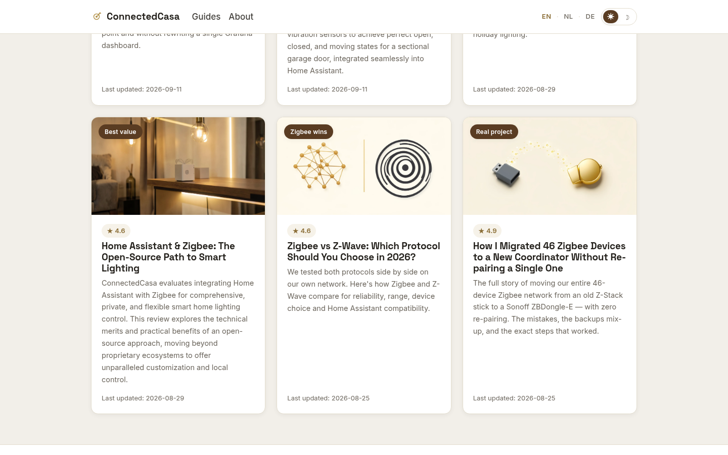 Scrolled section of the /guides/ library showing the complete bottom row of 3 guide cards not featured on the homepage (Home Assistant & Zigbee lighting, Zigbee vs Z-Wave, 46-devic