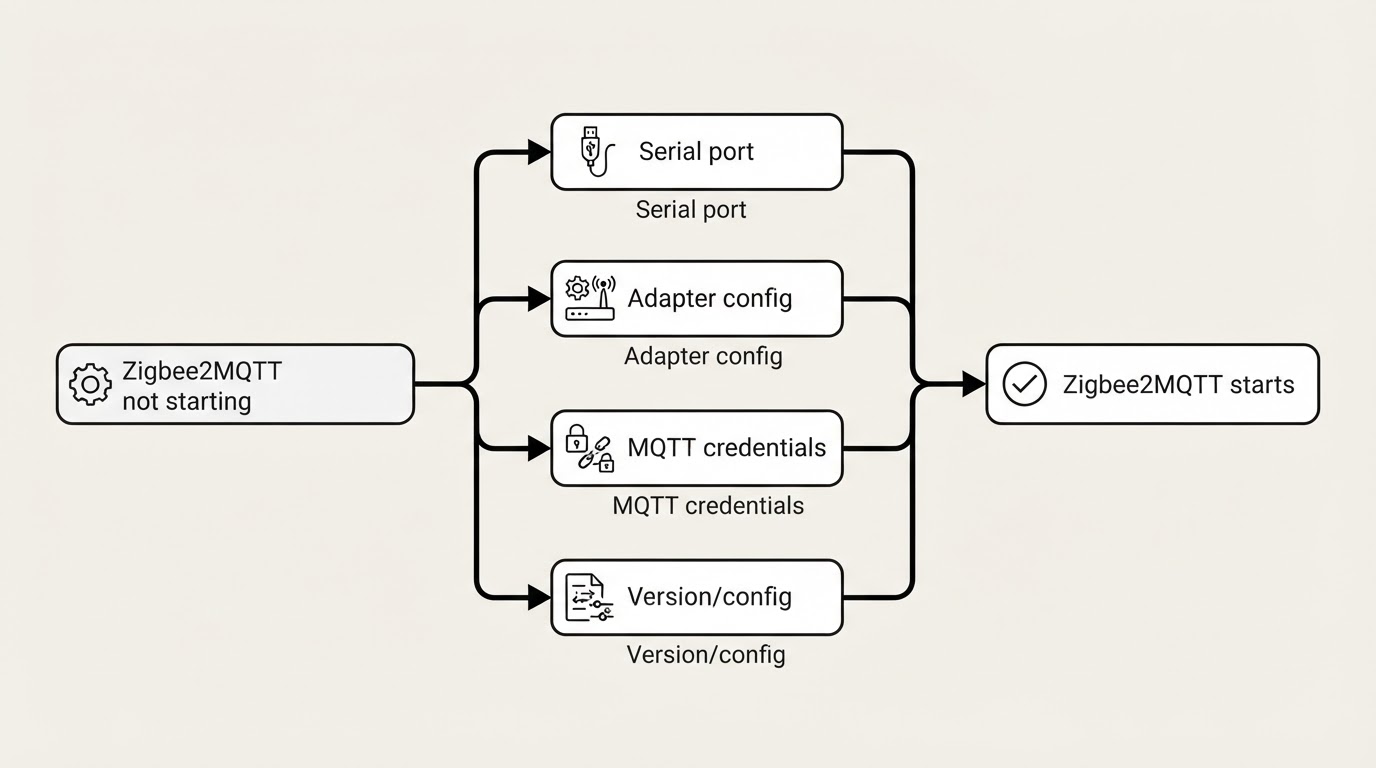Workflow diagram for Zigbee2MQTT not starting Home Assistant.